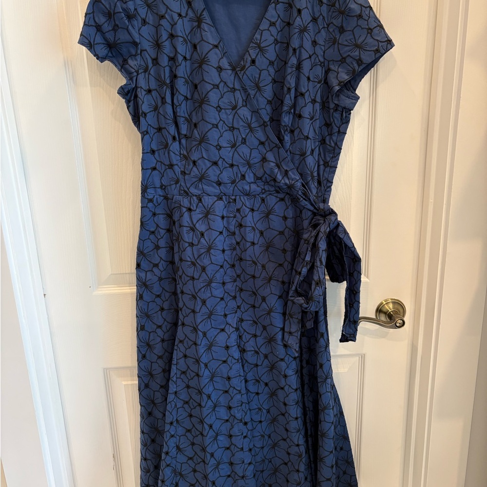 Weekend price drop. Talbots Blue Wrap Midi Dress with Black Floral Print